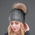 Black knit beanie for women with silver glitter accents and a large faux fur pompom - Black Silver with Natural Color Pom-pom