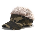 Close-up of jungle camo baseball hat featuring brown synthetic hair wig on top - Army Green Camo + Coffee Wig