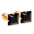 Minimalist square black zircon stud earrings with four-prong gold plated screw backs - Black Zirconia / 7mm / Gold