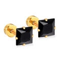 Square black zircon earrings with gold four-prong setting and secure screw back - Black Zirconia / 5mm / Gold
