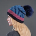 Winter knitted beanie in blue and purple plaid pattern with a fluffy navy fur pom pom - Navy Blue + Navy Blue Pom Pom