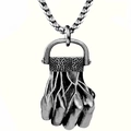 Detailed view of silver fist pendant with root texture on a matching metal chain - Antique Silver