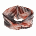 Detail of bohemian orange plaid knotted headband with soft knit texture and cross design - Orange Plaid