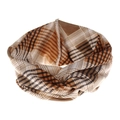 Detailed view of brown and beige Scottish plaid knit infinity scarf with seamless design - Camel Lattice