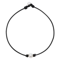Minimalist natural freshwater pearl necklace with black leather cord for women jewelry - Necklace / White