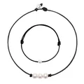 Set de 3 perlas naturales de agua dulce con collar y pulsera de cordón de cuero - Juego de Tres Perlas Naturales de Agua Dulce (Collar + Pulsera)