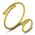 Golden titanium steel cable jewelry set featuring a wire rope bangle and matching ring - Gold