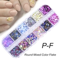 12-grid nail art glitter set featuring round mixed-color laser flakes in a clear box - 12 Compartment Mixed Round Sequins (PF)