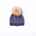 Berretto in maglia blu scuro per bambini con pois dorati e un grande pompon marrone - Blu Navy Stile Filo Metallico Pompon in Pelliccia