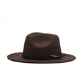 Detail of dark brown wool fedora hat with flat brim and black belt buckle decoration - Adult 56-60cm / Coffee