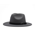 Detailed close-up of charcoal grey wool fedora hat with black leather belt and silver buckle - Adult 56-60cm / Gray