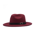 Close-up of wine red wool fedora hat featuring a black leather band and metal buckle - Adult 56-60cm / Burgundy