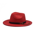 Detailed view of red wool fedora with black belt trim and brown leather tassel - 56-60cm / Red