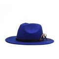 Detail of dark blue wool fedora hat featuring a brown leather decorative band - 56-60cm / Royal Blue