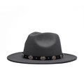 Detailed close-up of charcoal grey fedora with black decorative band and silver metal studs - Adult 56-60cm / Gray