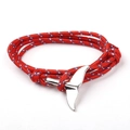 Red braided nautical bracelet with silver whale tail anchor clasp on white background - SW-06 Red with Blue White Spots