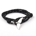 Braided black rope bracelet with a silver-colored metal whale tail charm for men and women - SW-13 Black