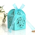 Laser-cut cyan wedding candy box with traditional double happiness pattern and ribbon - Cyan Blue