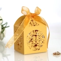 Golden Chinese wedding favor box with laser-cut Double Happiness design and ribbon - Gold