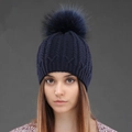 Winter dark blue knitted beanie with fluffy faux fur pompom and textured cable pattern - Navy Blue + Navy Blue Pom Pom