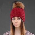 Winter dark red cable knit beanie for women with large fluffy brown faux fur pom pom - Wine Red + Natural Pom-pom
