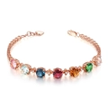 Colorful gemstone bracelet in rose gold with floral links and a heart charm - S925 Sterling Silver Rose Gold Plated / Rose Gold Rainbow