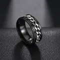 Detail of black stainless steel spinning ring featuring an inlaid silver curb chain - Black + Steel Color