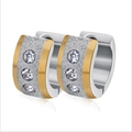 Silver and gold mixed 18K hoop earrings with three zircon stones and frosted finish - Two-tone Frosted Multiple Stones Style / Gold & Silver