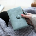 Short tri-fold women's wallet in light teal frosted faux suede with wrist strap - Blue Green p-04