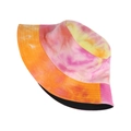 Detail of vibrant tie-dye bucket hat with yellow stitching and black inner lining - Orange
