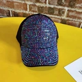 Close-up of sparkling colorful rhinestones on a black cotton baseball cap with curved brim - Adjustable / Purple Multi-color