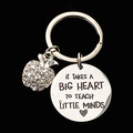 Silver stainless steel keychain with rhinestone apple charm and teacher appreciation quote - Big Heart Big Minds Style (k611-25mm Circle)