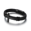 Men's fashion black braided leather bracelet with stainless steel cross charm and magnetic clasp - 19cm / Black