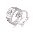 Sparkling S925 silver couple rings with geometric engraving and round solitaire zircon - Adjustable Open / White Gold Plated Copper / Couple Rings (One Pair)