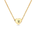 Detail of a gold heart pendant necklace featuring laser engraved letter M on cross chain - Gold M