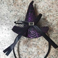 Halloween headband featuring a black witch hat with purple spider web and sequins - Purple Spider Web Hat