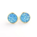 Round 10mm gold plated stainless steel stud earrings with shimmering blue mineral crust - Blue Sparkle (32)