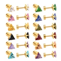 Set of twelve multi-colored triangular zircon stud earrings with golden stainless steel base - 6mm Triangle Gold Color