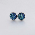 Macro shot of 10mm silver stud earrings with sparkling iridescent druzy blue stones - Magic Blue-Green (19)