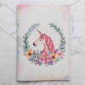 Watercolour pink unicorn PU leather passport cover on white marble surface - Pink-Gradient Wreath Unicorn