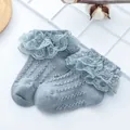 Close-up of light blue baby socks featuring double-layer lace and breathable knit pattern - Blue / 9-12cm(6-12 Months)