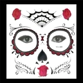 Detailed Day of the Dead face tattoo stickers with red roses and sugar skull motifs - No.29/Black Red Spider Web Rose