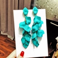 Detail of layered turquoise flower petal tassels with golden chains on jewelry card - 4# Steel Earring Post-Eco-Cyan Matte Petal Tassel Style
