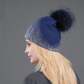 Navy blue winter knit beanie with silver stripes and a large fur pompom for women - Blue Silver with Navy Pom-pom