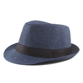 Dark blue straw panama jazz hat with a black ribbon band and woven texture details - Navy Blue
