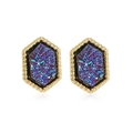 Hexagonal gold earrings with blue star-themed crystals shown on a clean white background - Purple