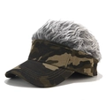 Detail of creative camouflage visor cap featuring realistic silver-grey curly hair wig top - Army Green Camo + Gray Wig