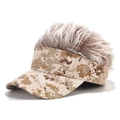 Detailed view of desert camouflage visor hat with textured spiked hair on white background - Coffee Camo + Coffee Wig