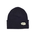 Detailed knit texture of navy blue beanie featuring a yellow PROUT! embroidered patch - Black
