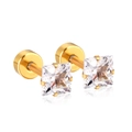 Pair of square-cut clear zircon earrings with four-prong gold setting and screw back - White Zirconia / 4mm / Gold